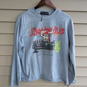 One Of One Graphic Long‎ Sleeve T-Shirt Mens Medium Blue-Grey Raw Hem Streetwear